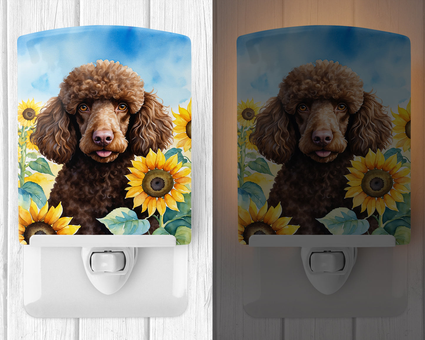 Chocolate Poodle in Sunflowers Ceramic Night Light