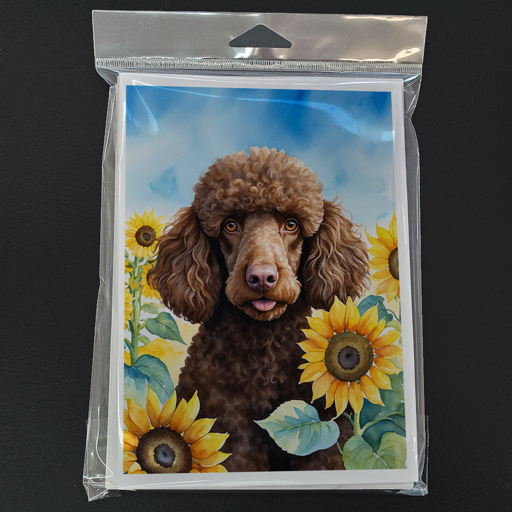 Chocolate Poodle in Sunflowers Greeting Cards Pack of 8