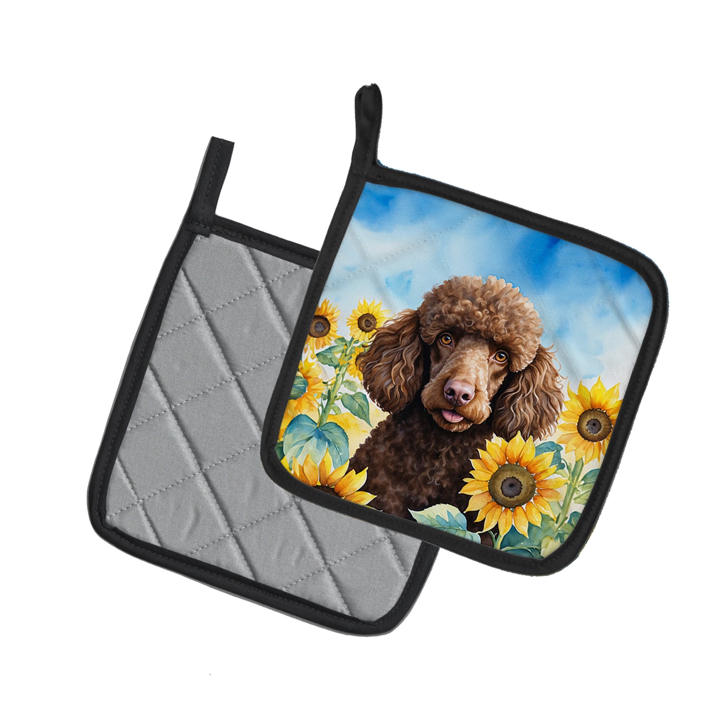 Chocolate Poodle in Sunflowers Pair of Pot Holders