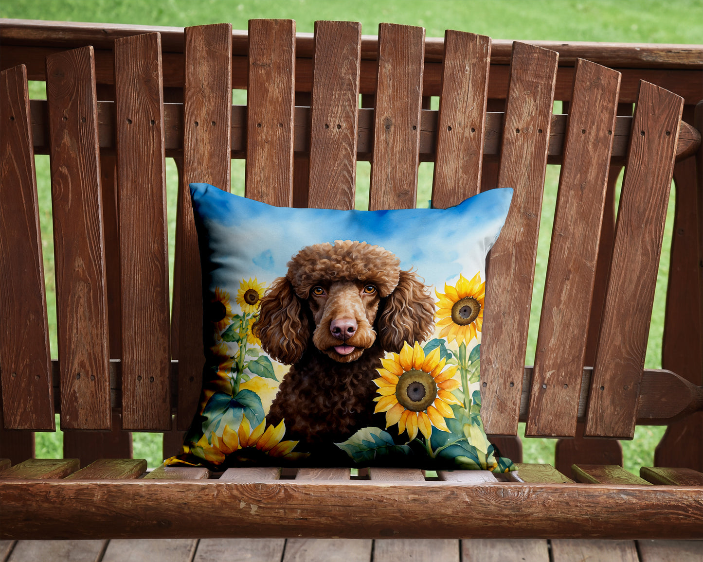 Chocolate Poodle in Sunflowers Throw Pillow