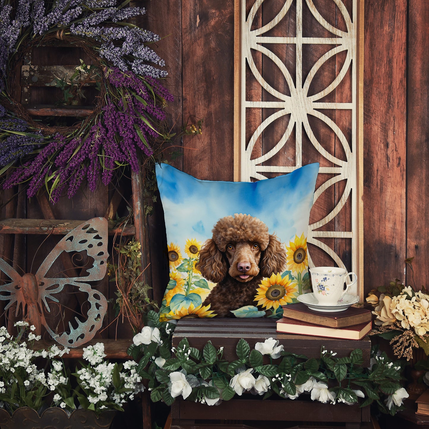 Chocolate Poodle in Sunflowers Throw Pillow