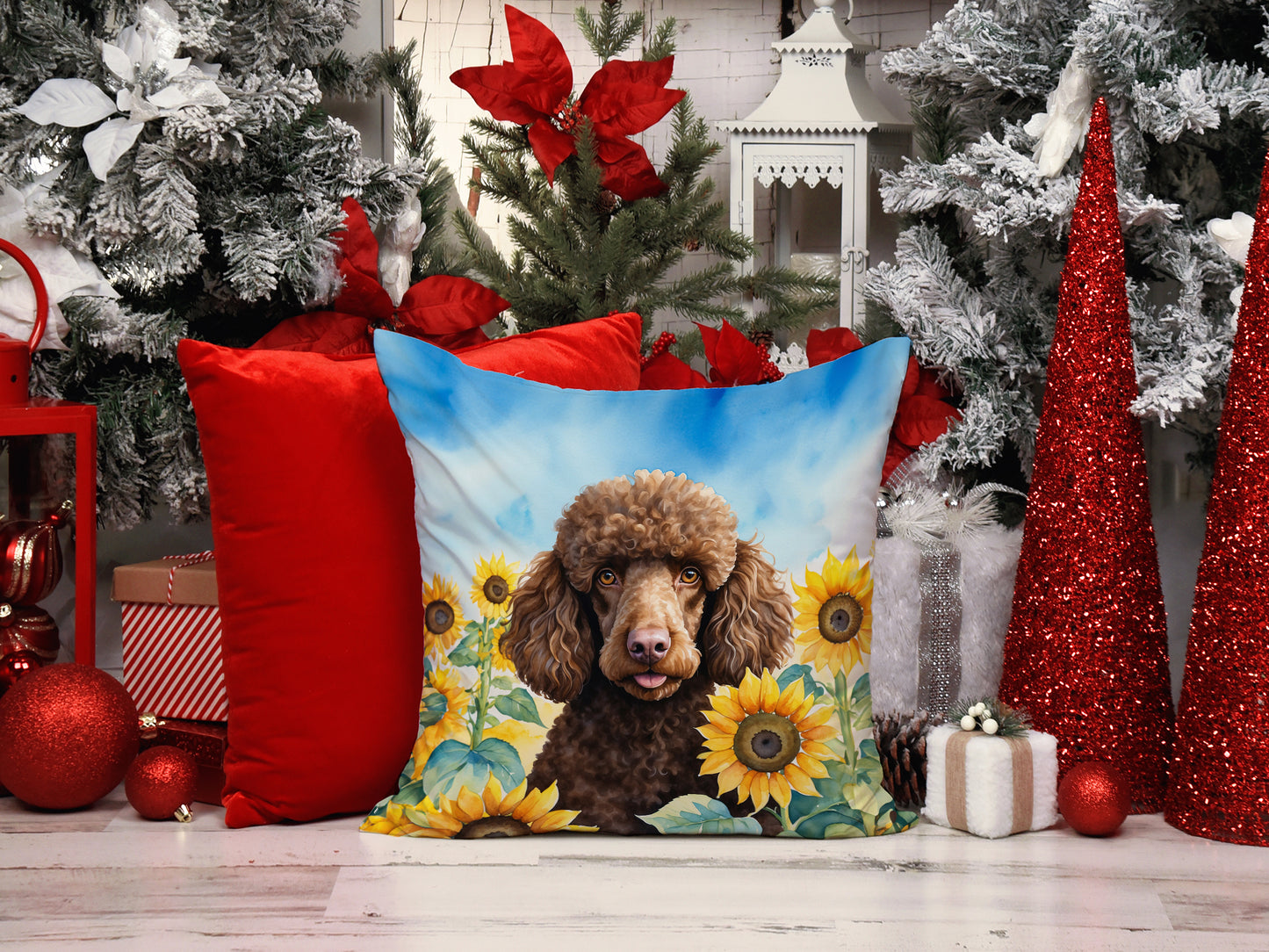 Chocolate Poodle in Sunflowers Throw Pillow