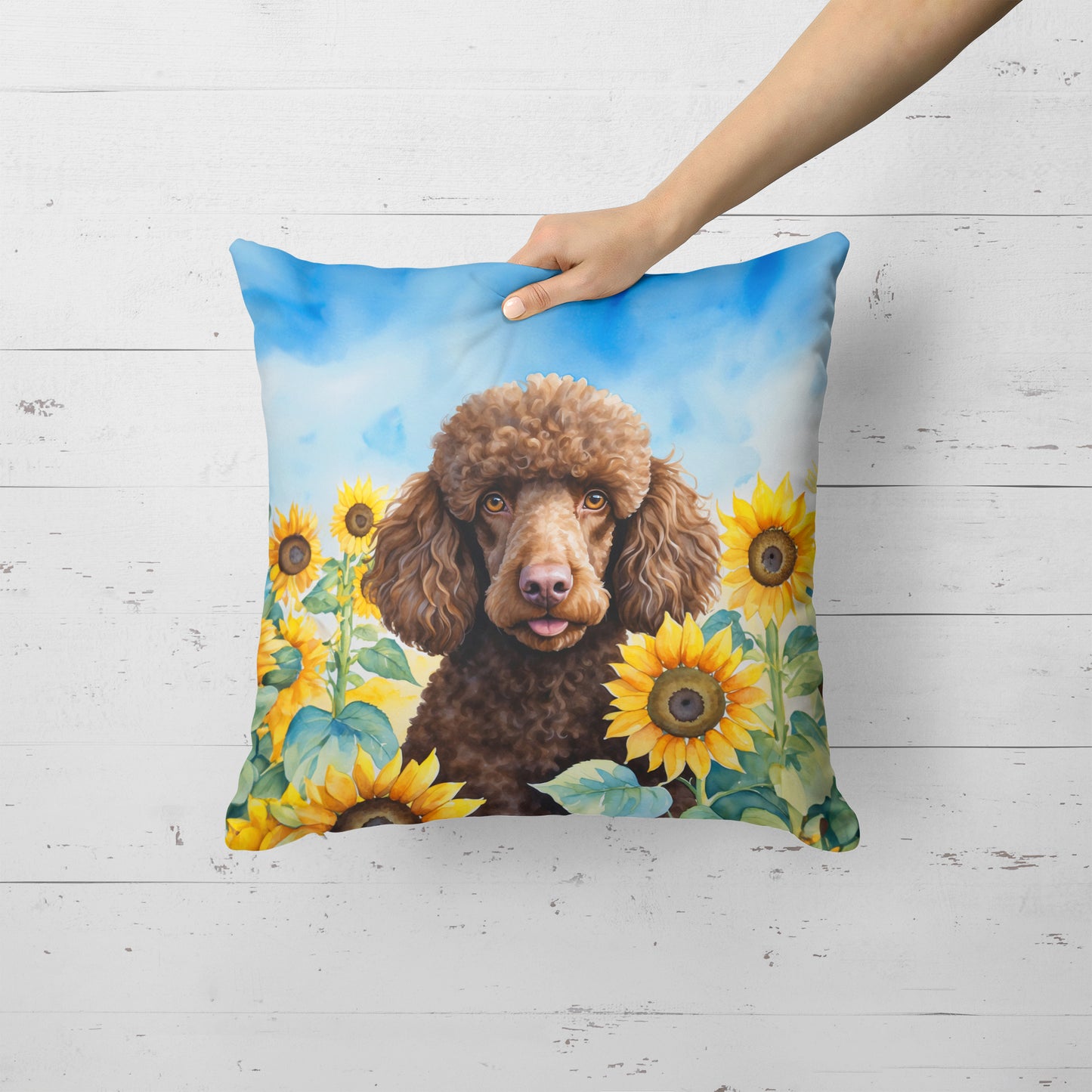 Chocolate Poodle in Sunflowers Throw Pillow