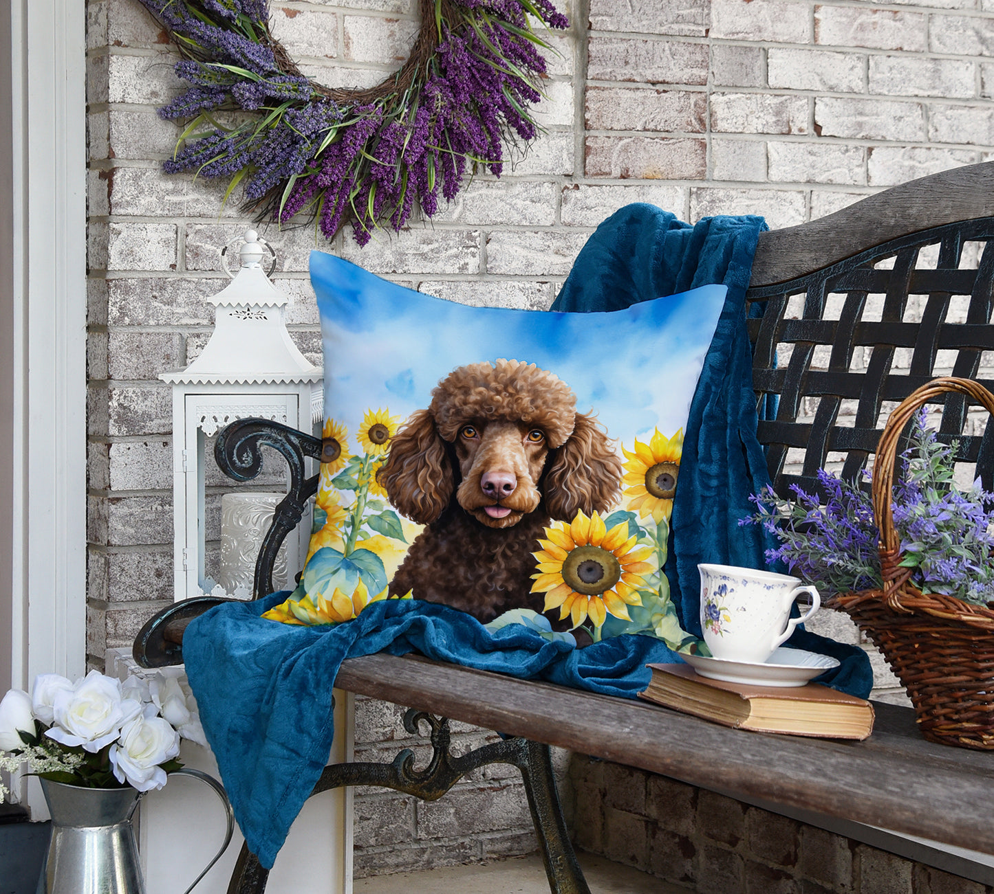 Chocolate Poodle in Sunflowers Throw Pillow