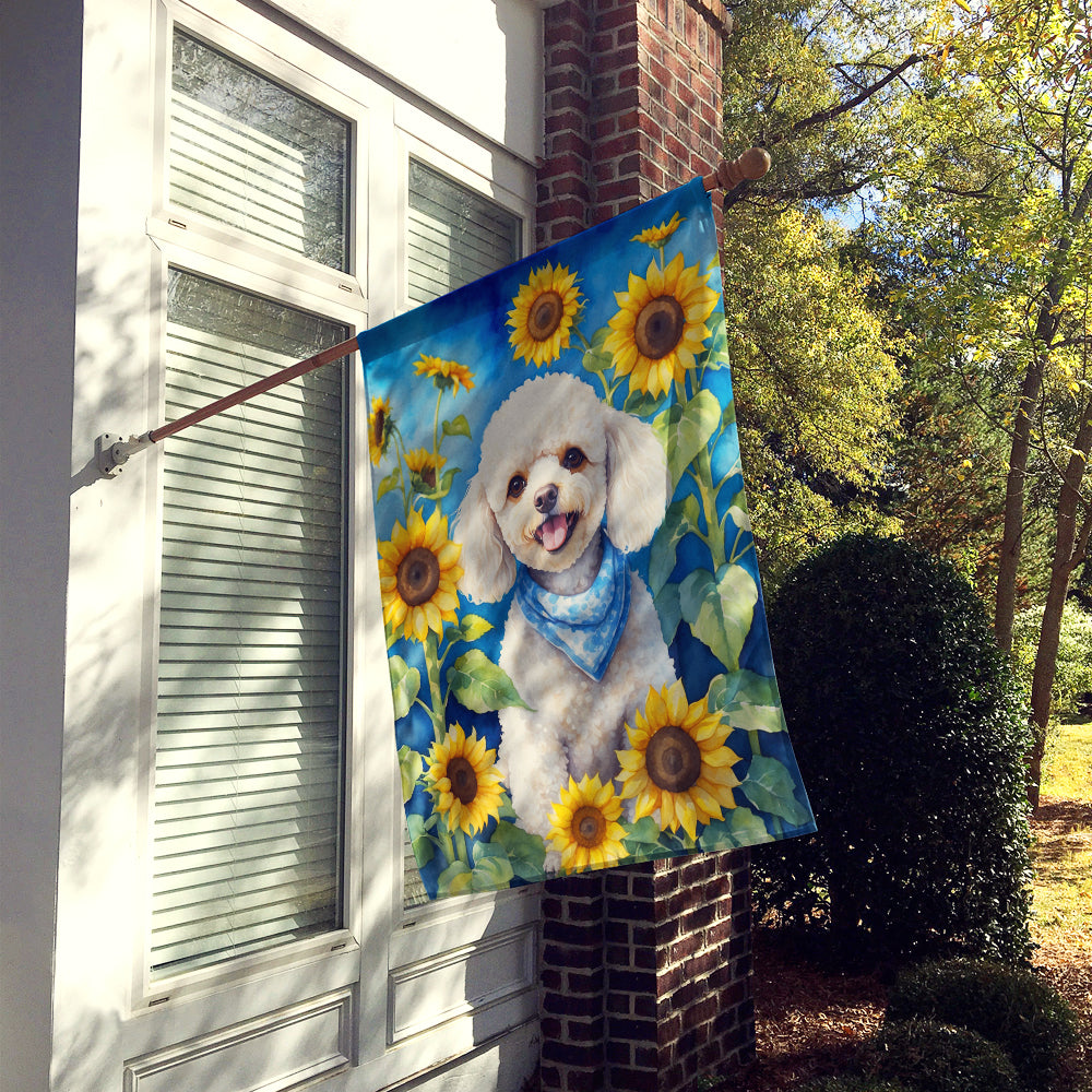 White Poodle in Sunflowers House Flag