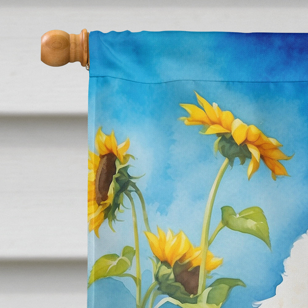 White Poodle in Sunflowers House Flag