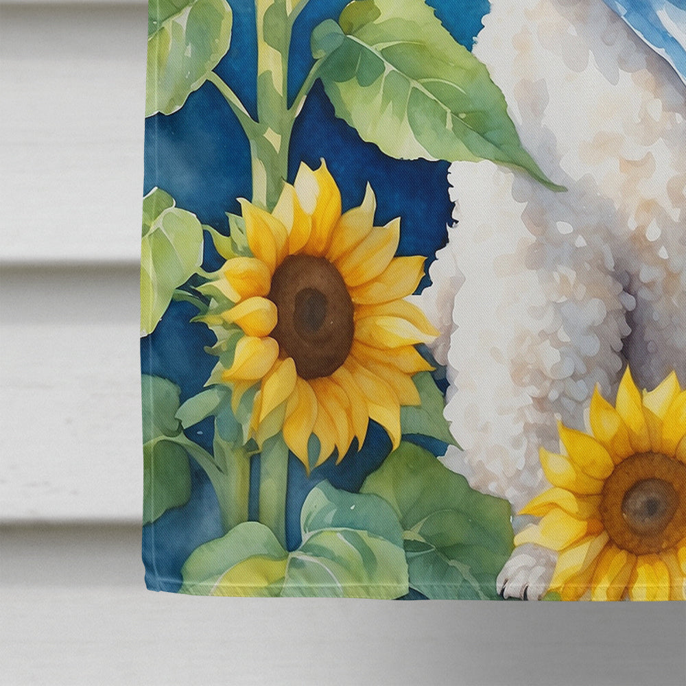 White Poodle in Sunflowers House Flag