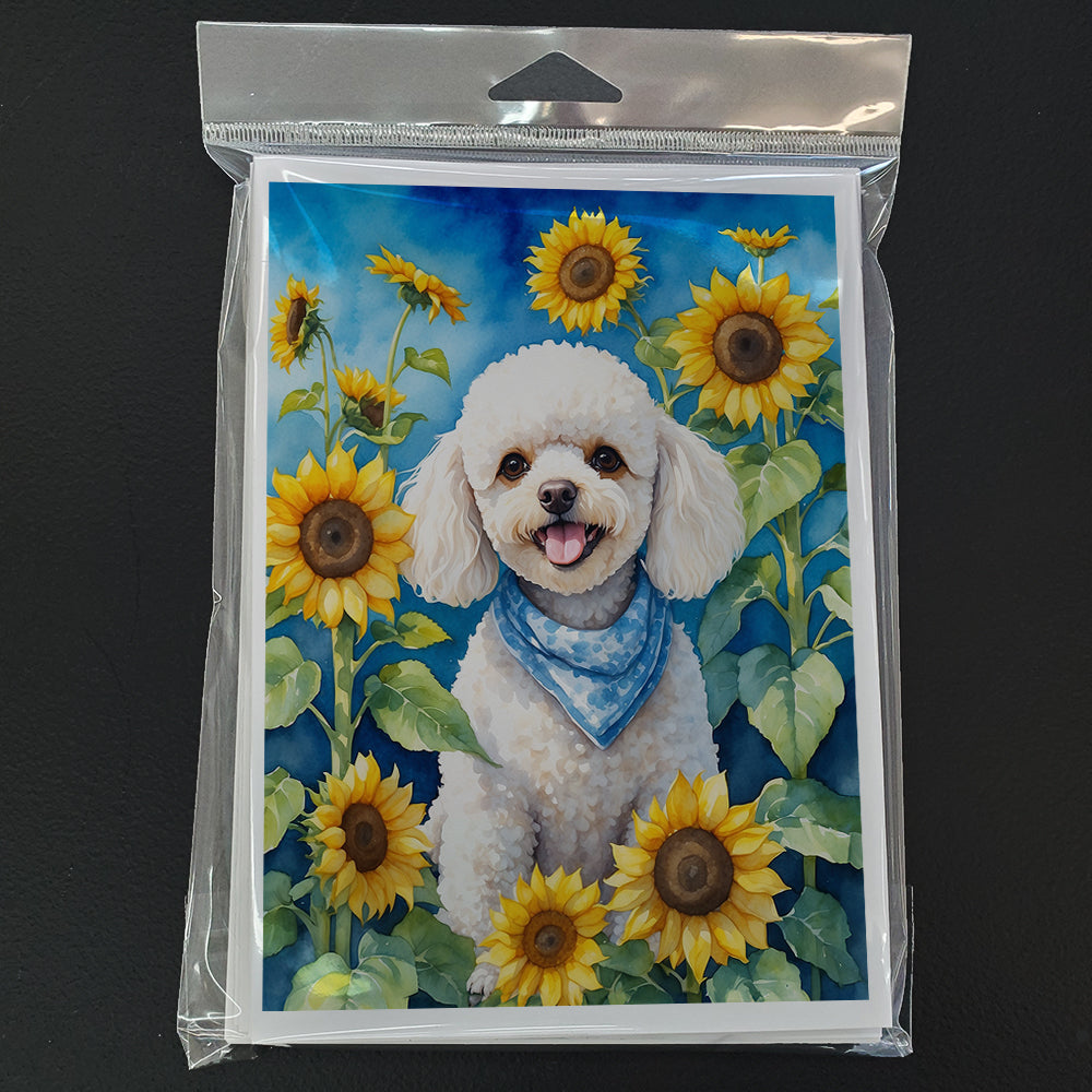 White Poodle in Sunflowers Greeting Cards Pack of 8