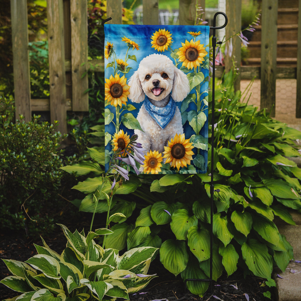 White Poodle in Sunflowers Garden Flag