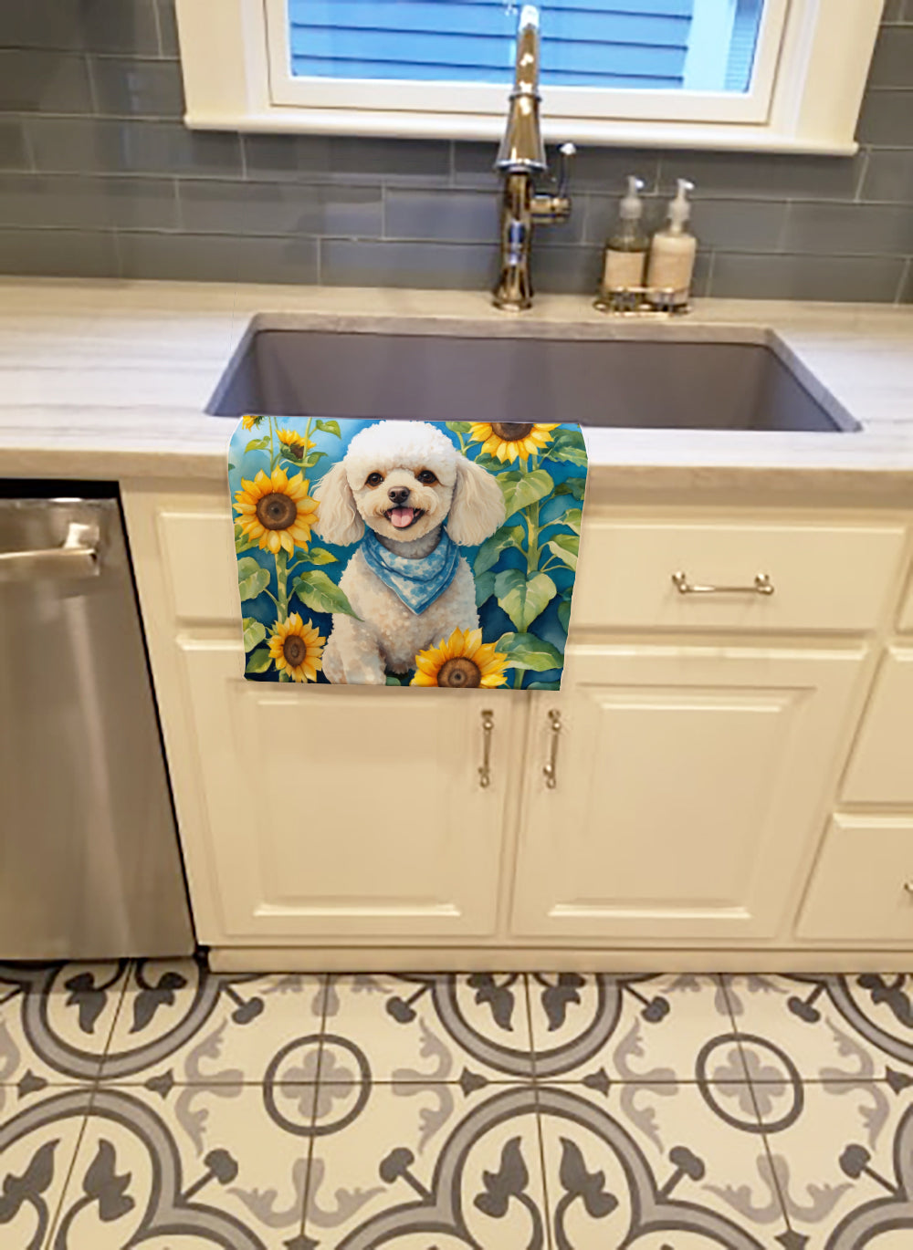 White Poodle in Sunflowers Kitchen Towel