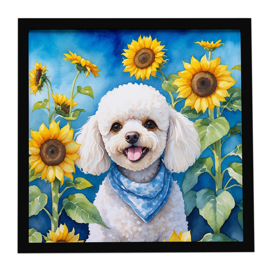 Buy this White Poodle in Sunflowers Framed Metal Print