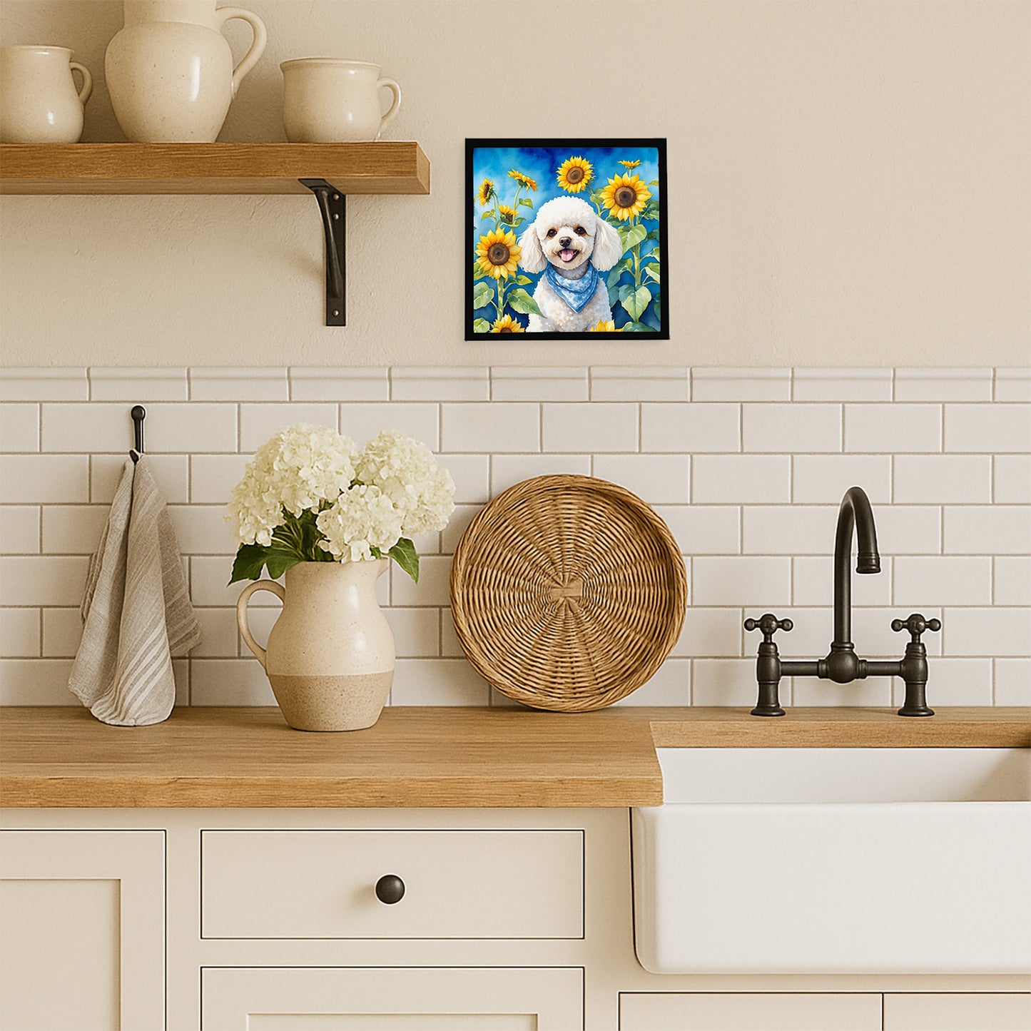 White Poodle in Sunflowers Framed Metal Print
