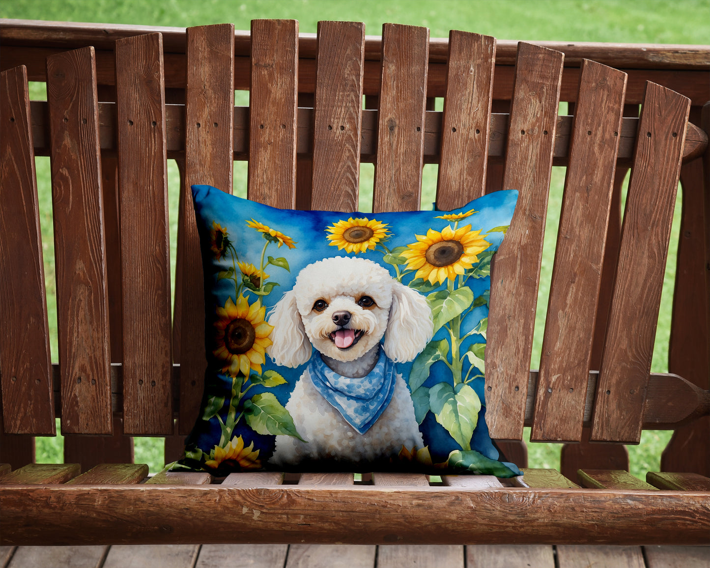 White Poodle in Sunflowers Throw Pillow