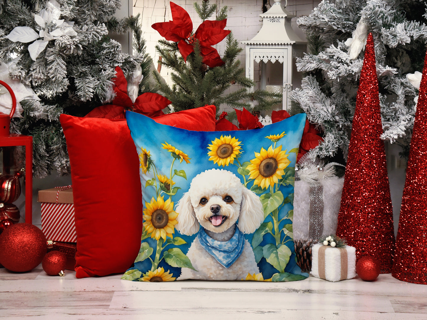 White Poodle in Sunflowers Throw Pillow