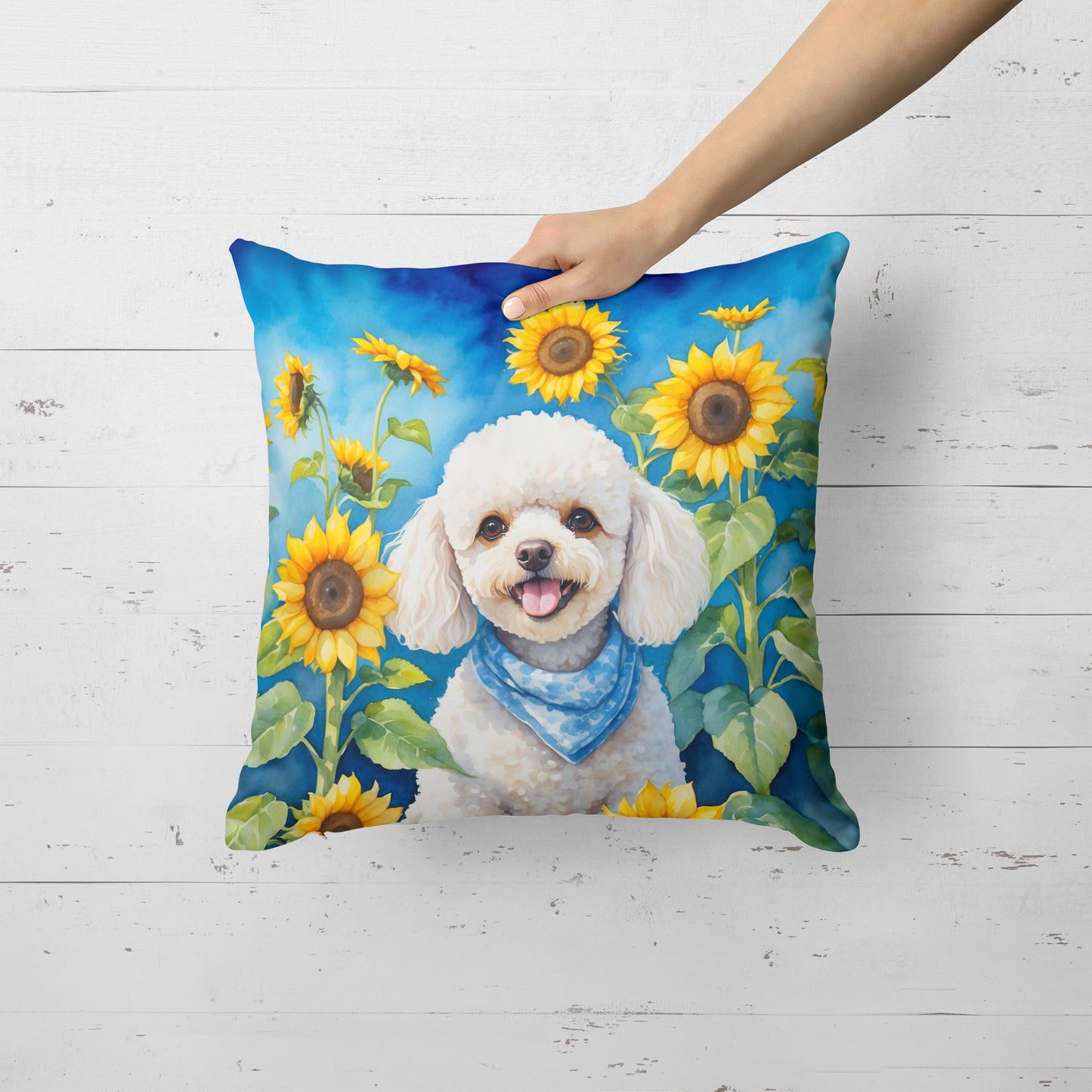 White Poodle in Sunflowers Throw Pillow