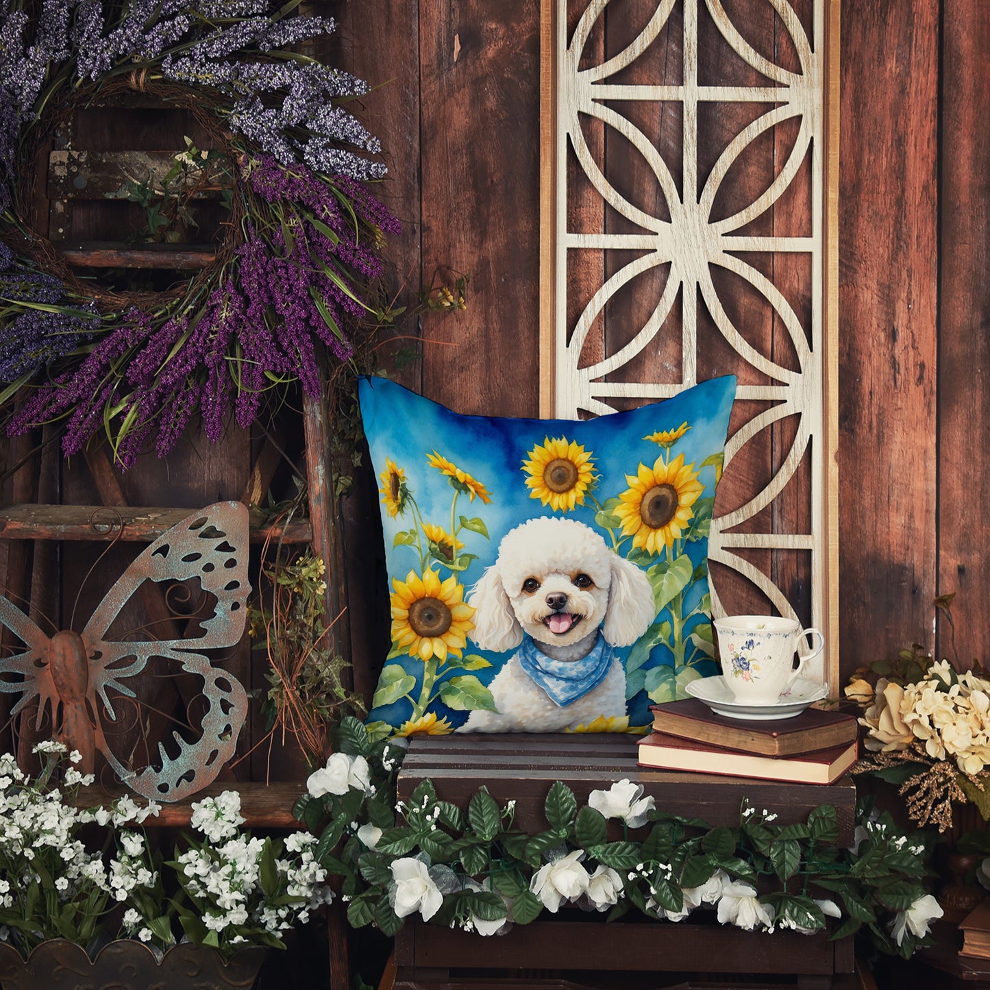 White Poodle in Sunflowers Throw Pillow