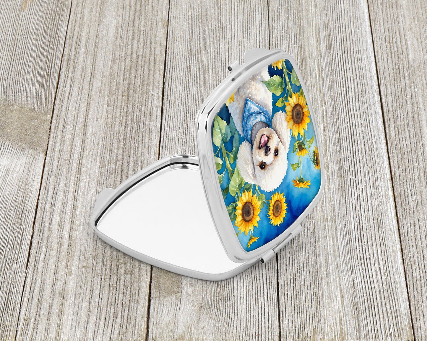 White Poodle in Sunflowers Compact Mirror