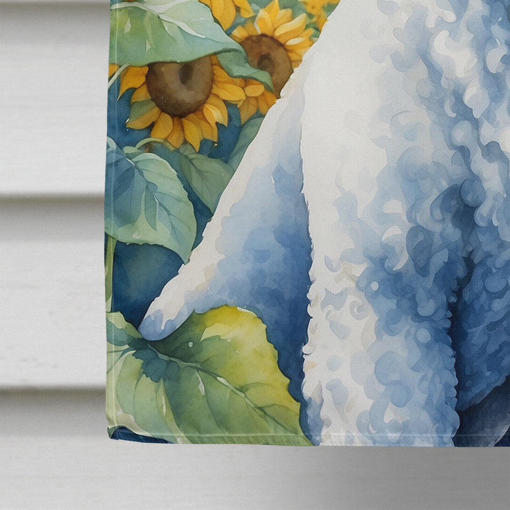 White Poodle in Sunflowers House Flag