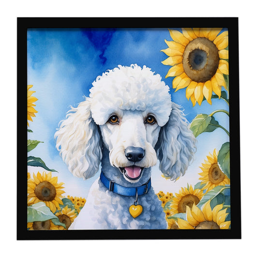 Buy this White Poodle in Sunflowers Framed Metal Print