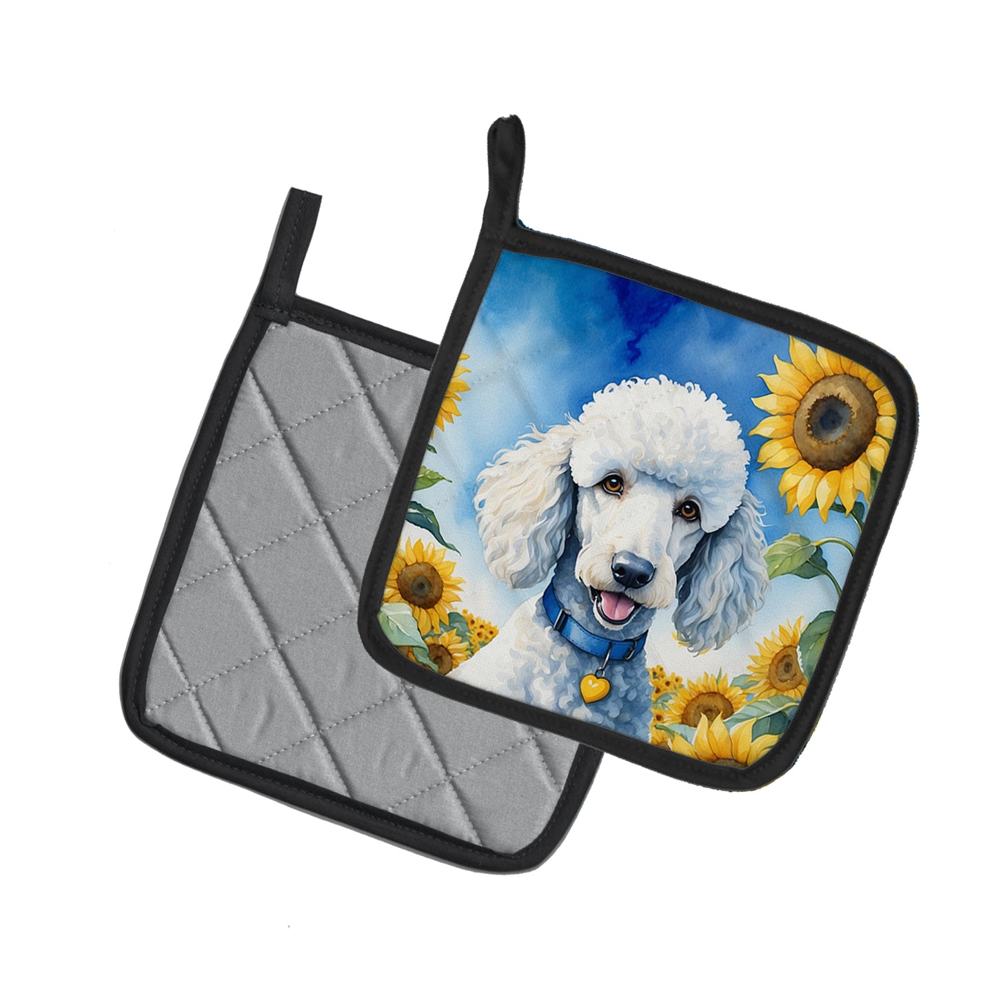 White Poodle in Sunflowers Pair of Pot Holders