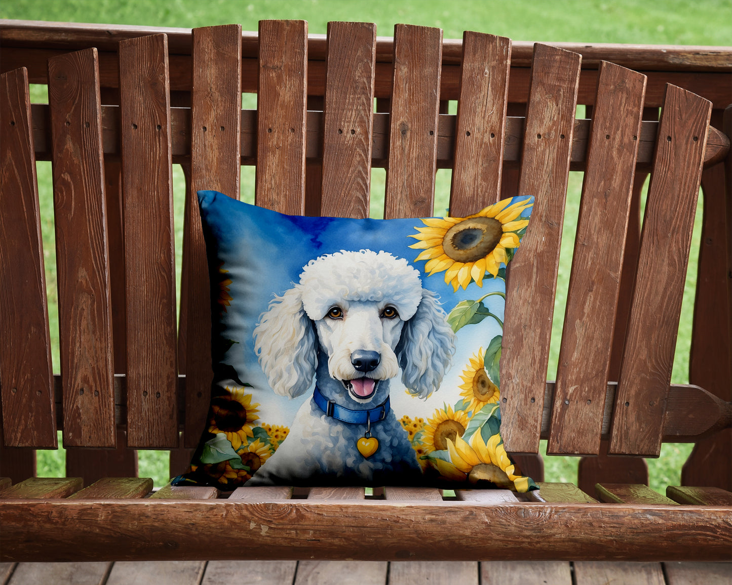 White Poodle in Sunflowers Throw Pillow