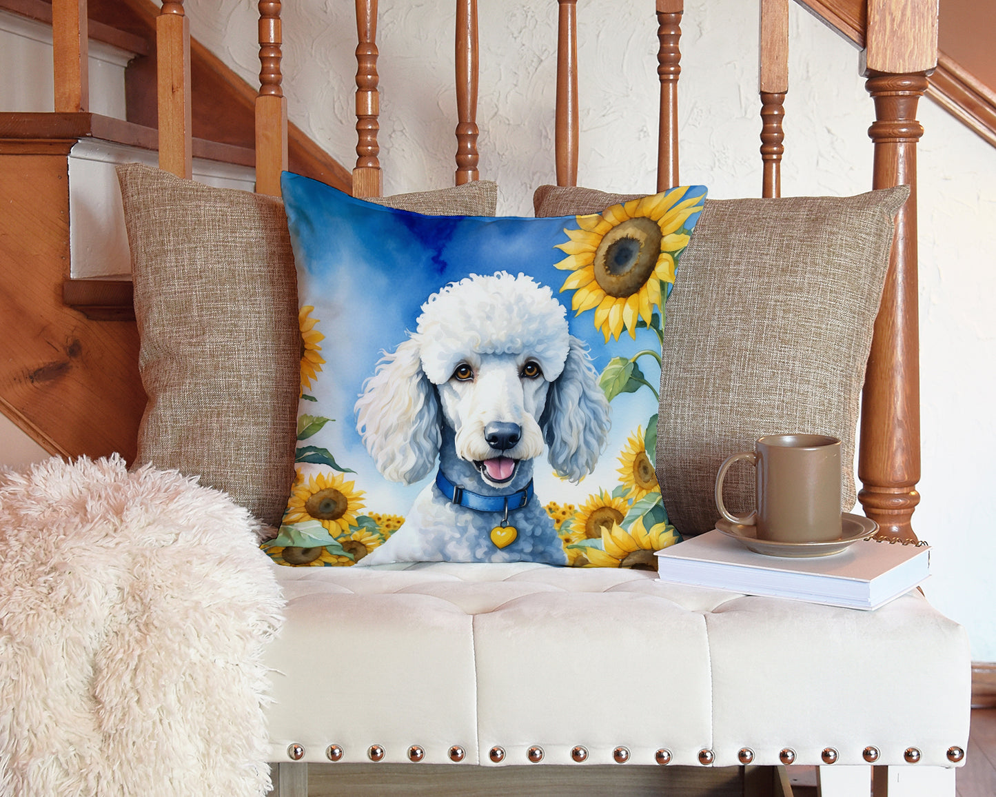 White Poodle in Sunflowers Throw Pillow