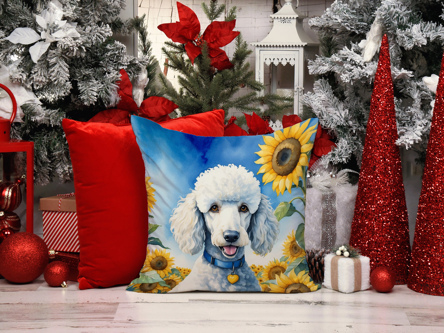 White Poodle in Sunflowers Throw Pillow