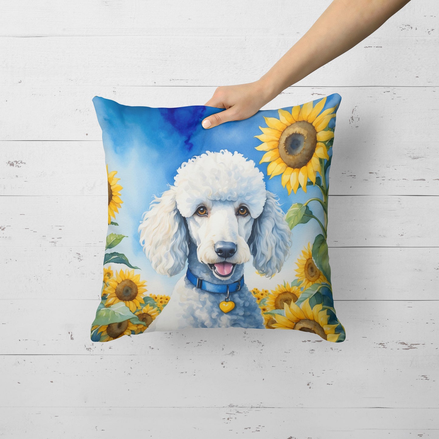 White Poodle in Sunflowers Throw Pillow