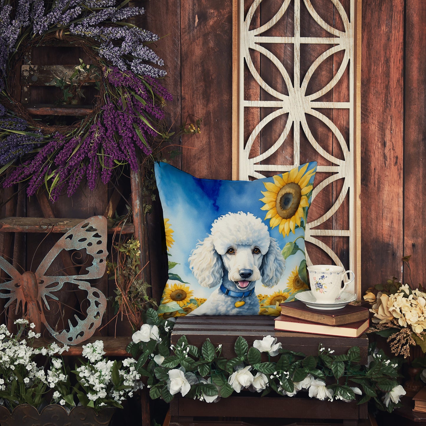 White Poodle in Sunflowers Throw Pillow