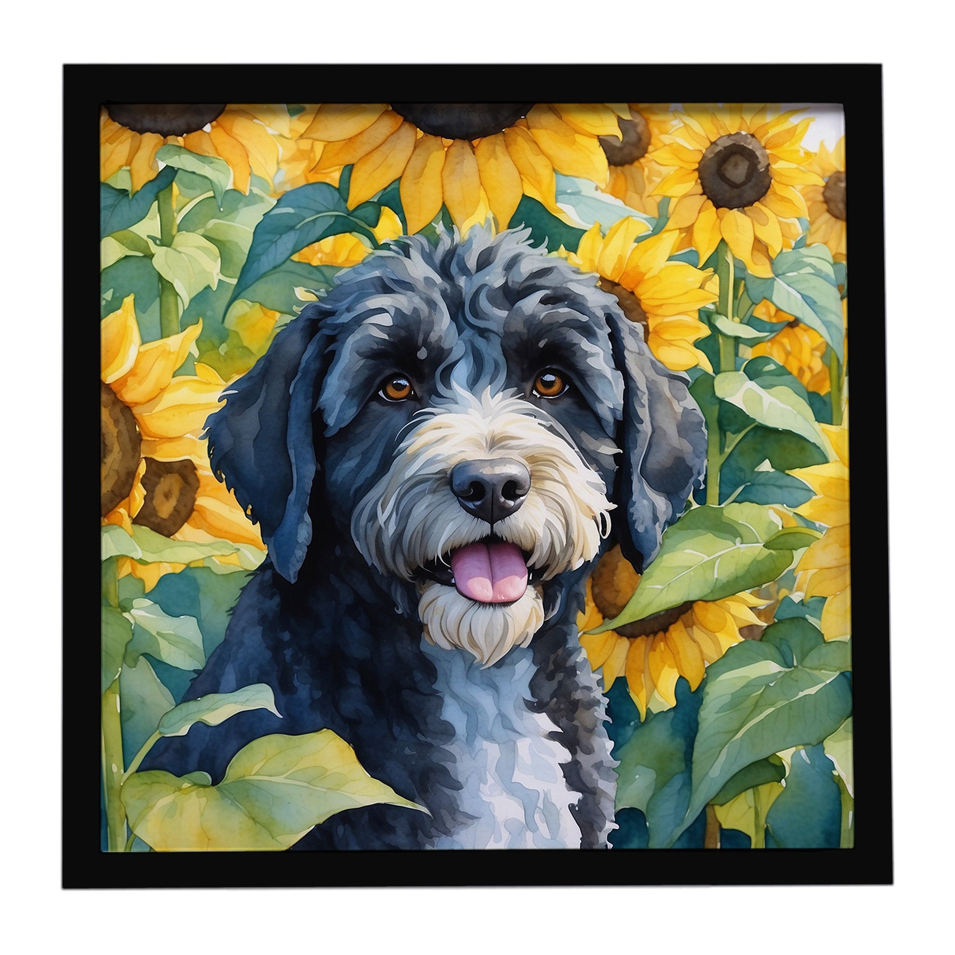 Buy this Portuguese Water Dog in Sunflowers Framed Metal Print