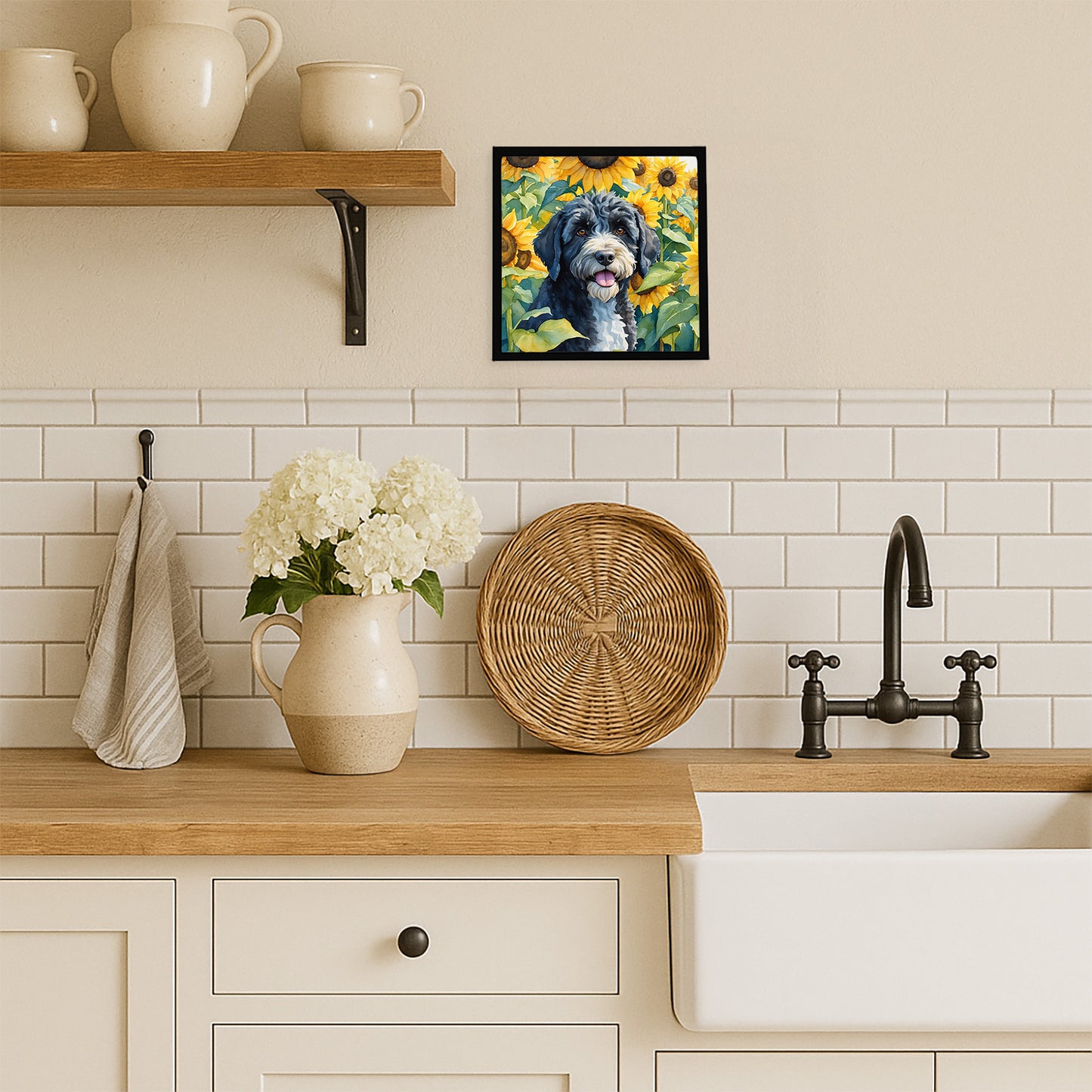 Portuguese Water Dog in Sunflowers Framed Metal Print