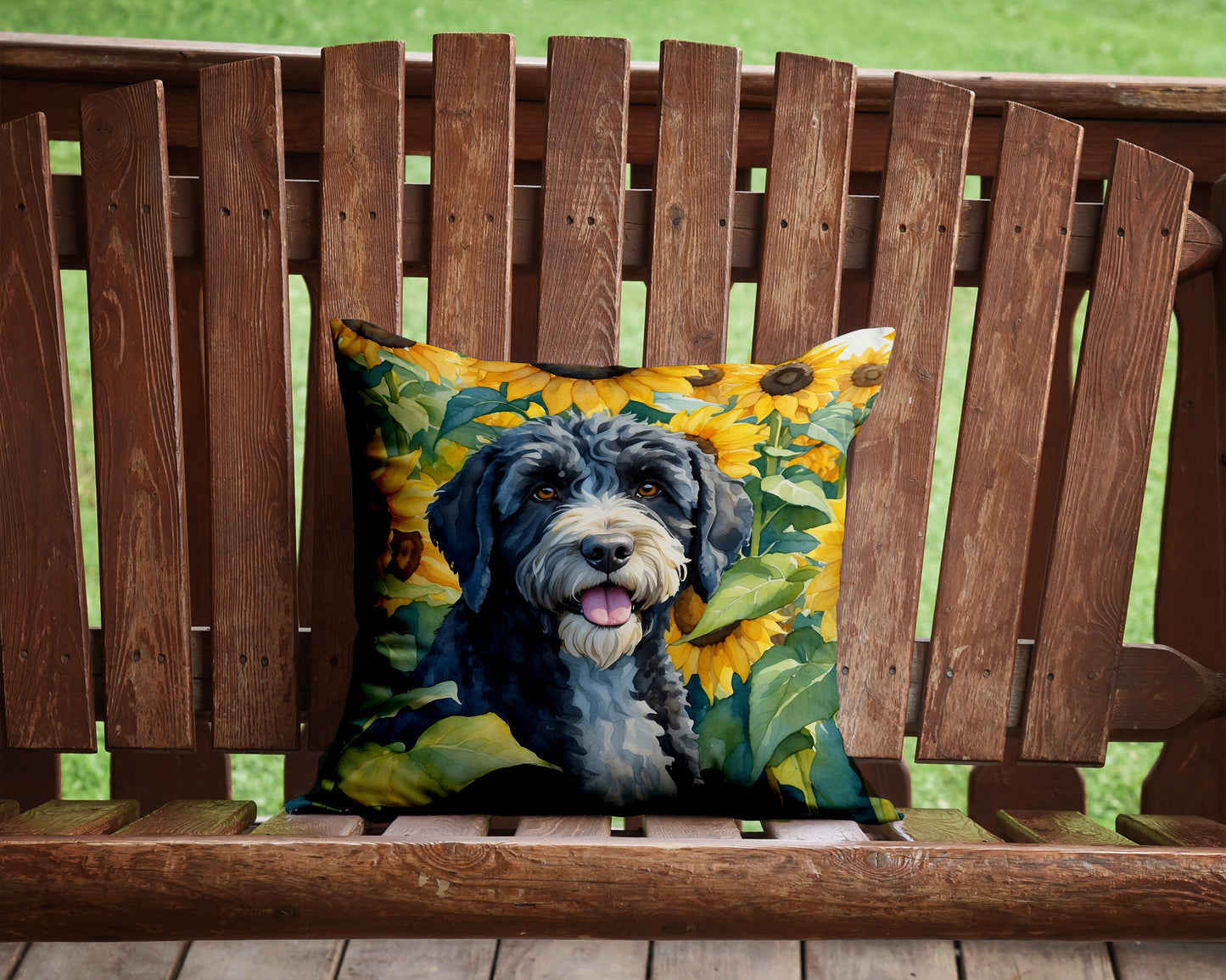 Portuguese Water Dog in Sunflowers Throw Pillow