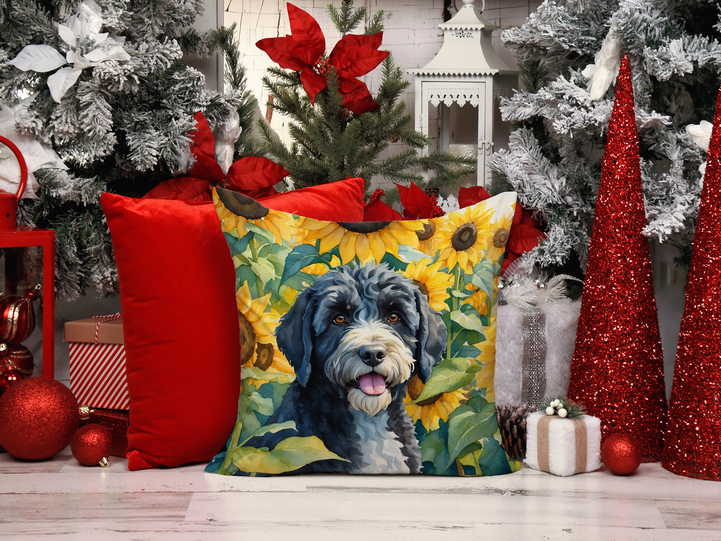 Portuguese Water Dog in Sunflowers Throw Pillow