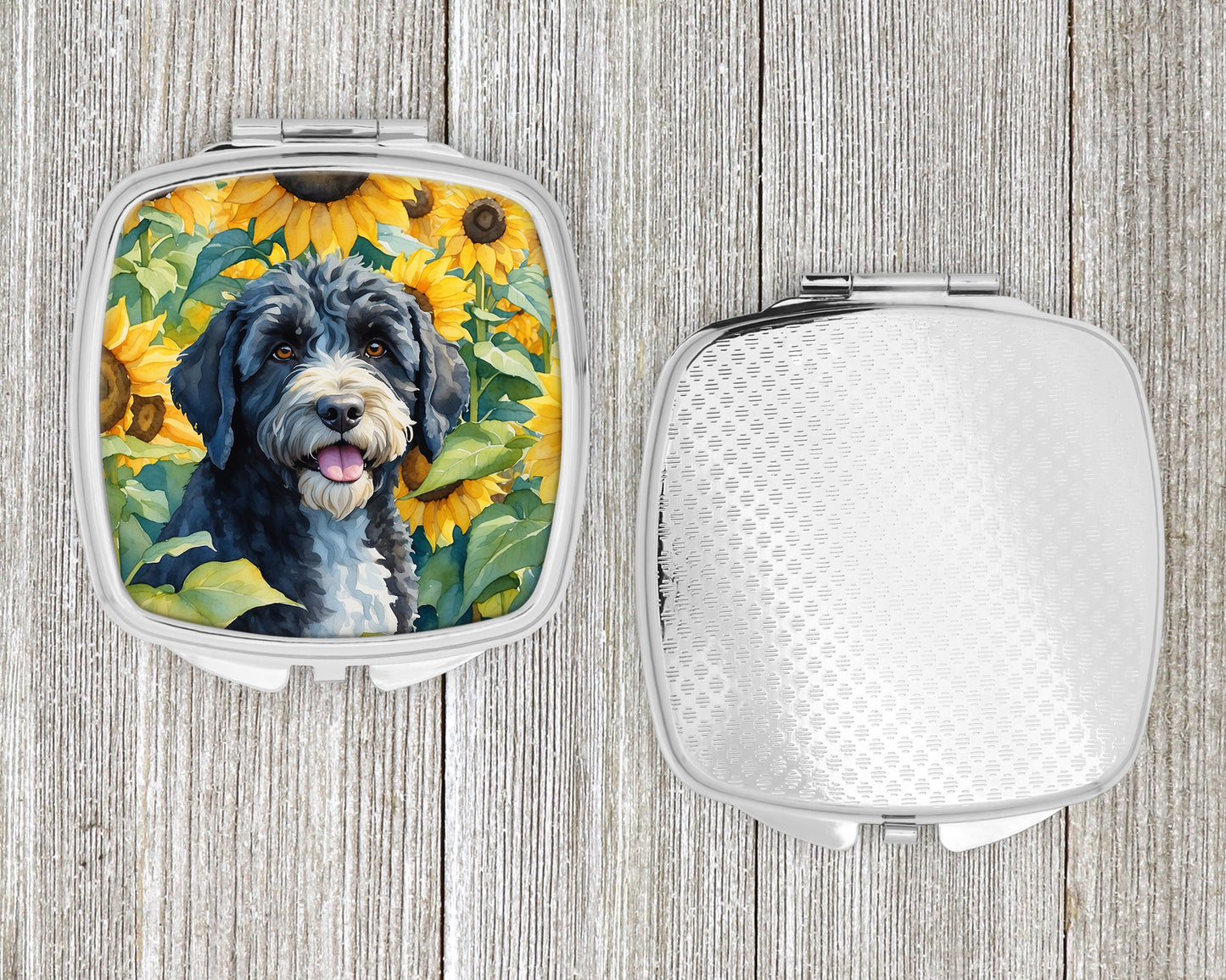 Portuguese Water Dog in Sunflowers Compact Mirror