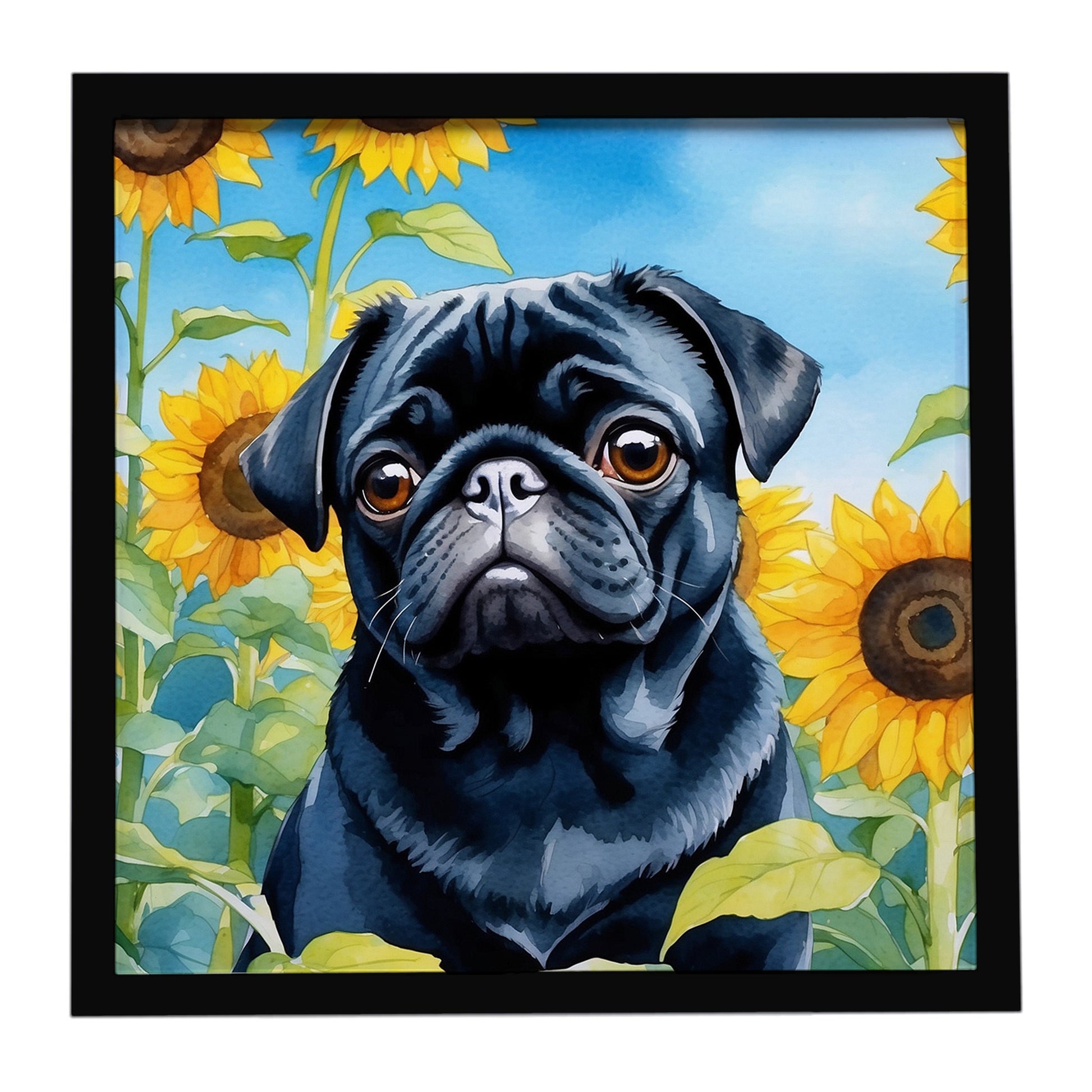 Buy this Pug in Sunflowers Framed Metal Print