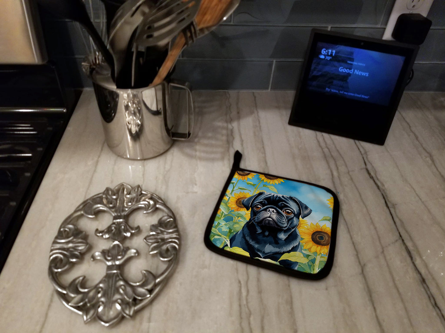 Pug in Sunflowers Pair of Pot Holders