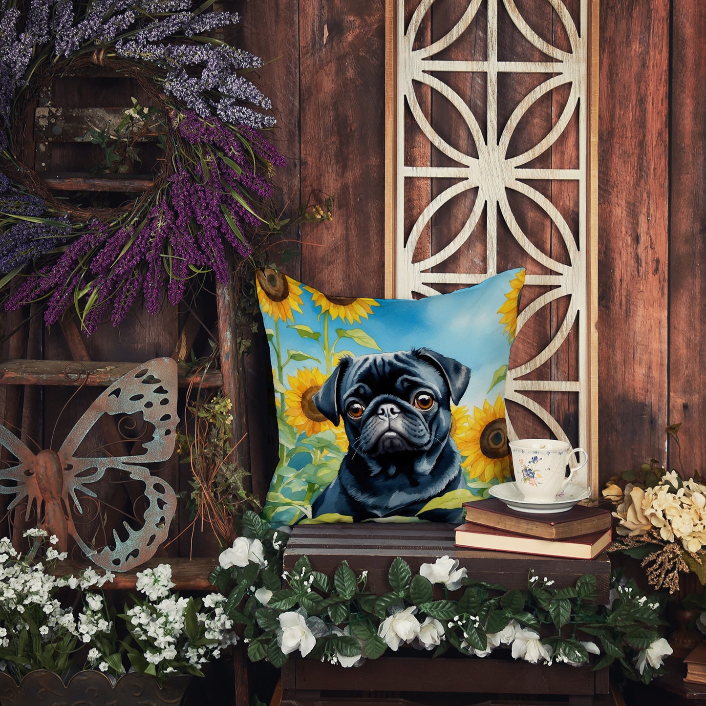 Pug in Sunflowers Throw Pillow