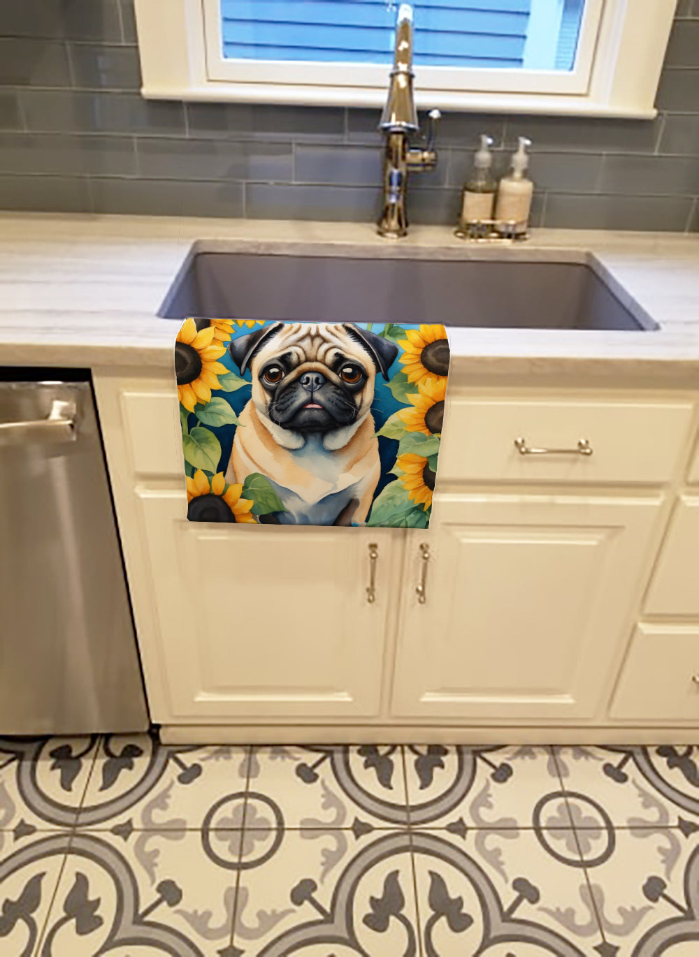 Pug in Sunflowers Kitchen Towel