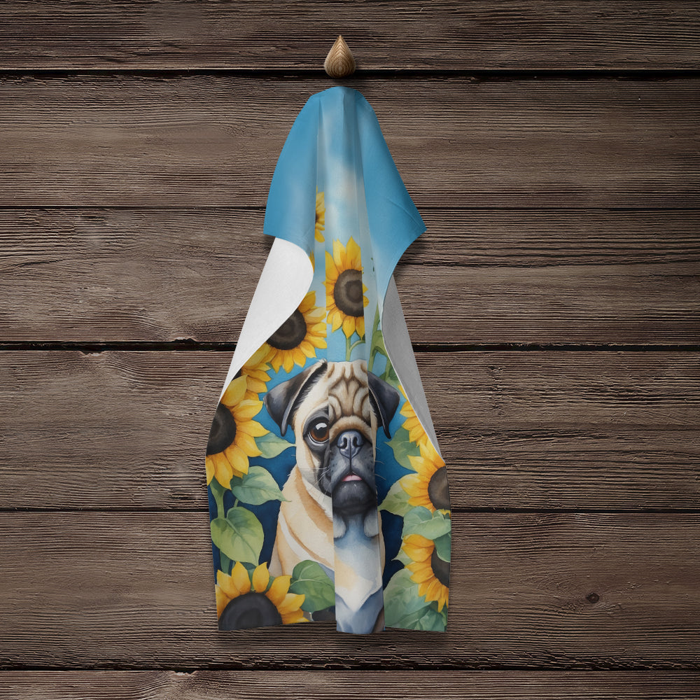 Pug in Sunflowers Kitchen Towel