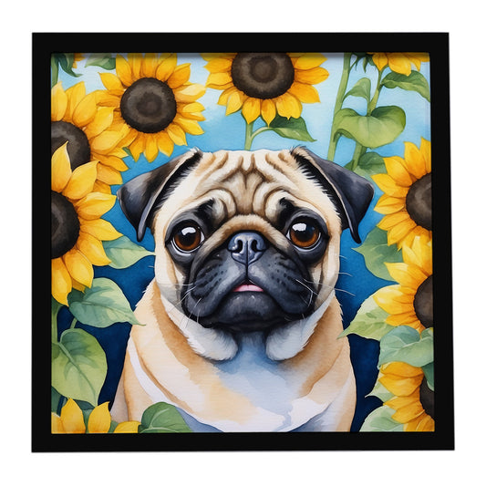 Buy this Pug in Sunflowers Framed Metal Print