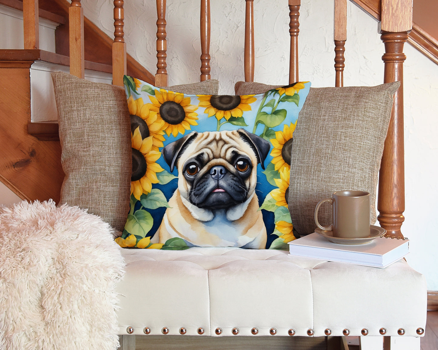 Pug in Sunflowers Throw Pillow