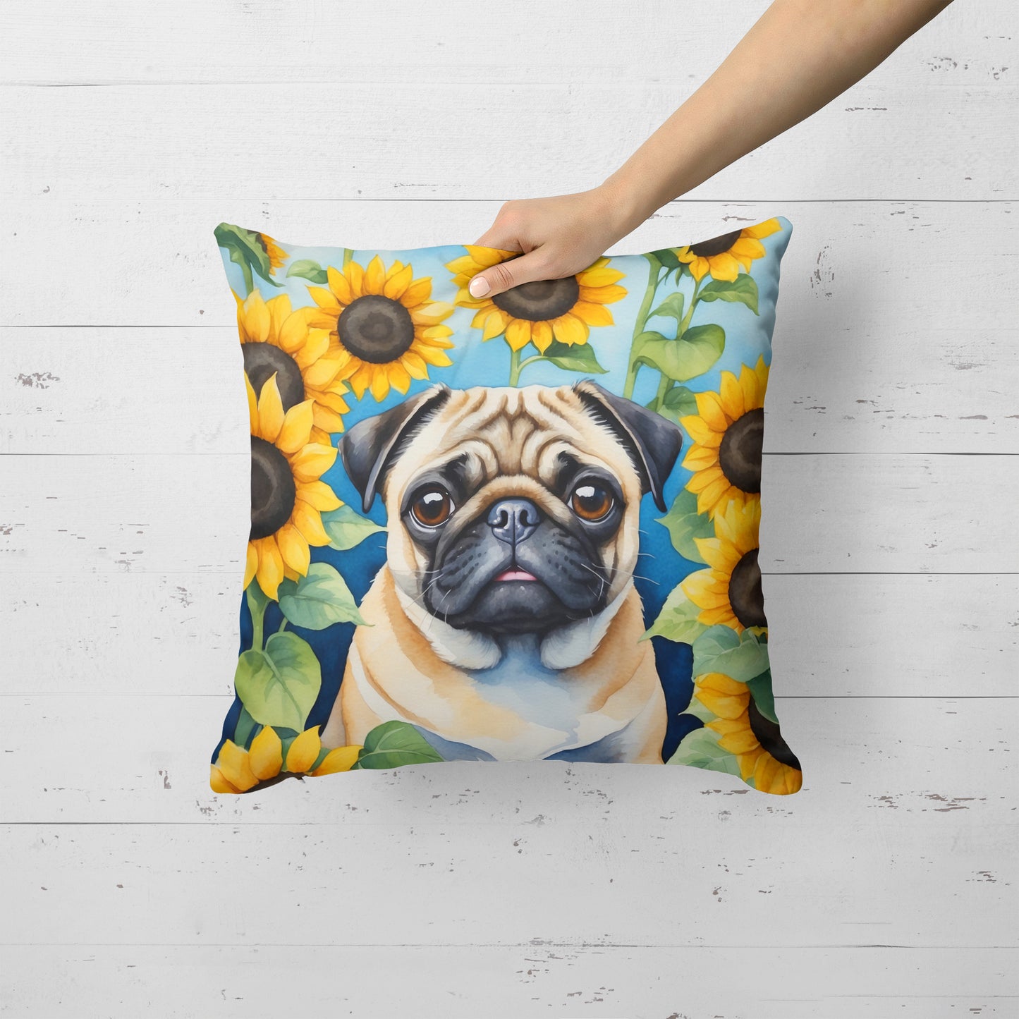 Pug in Sunflowers Throw Pillow