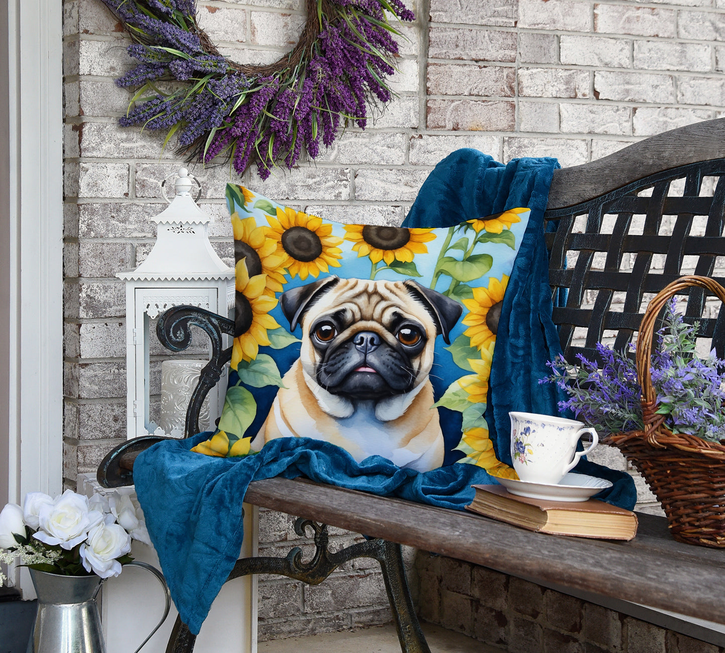 Pug in Sunflowers Throw Pillow