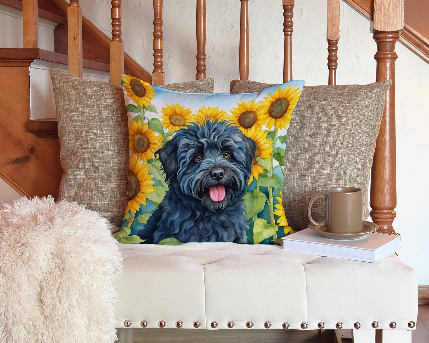 Puli in Sunflowers Throw Pillow