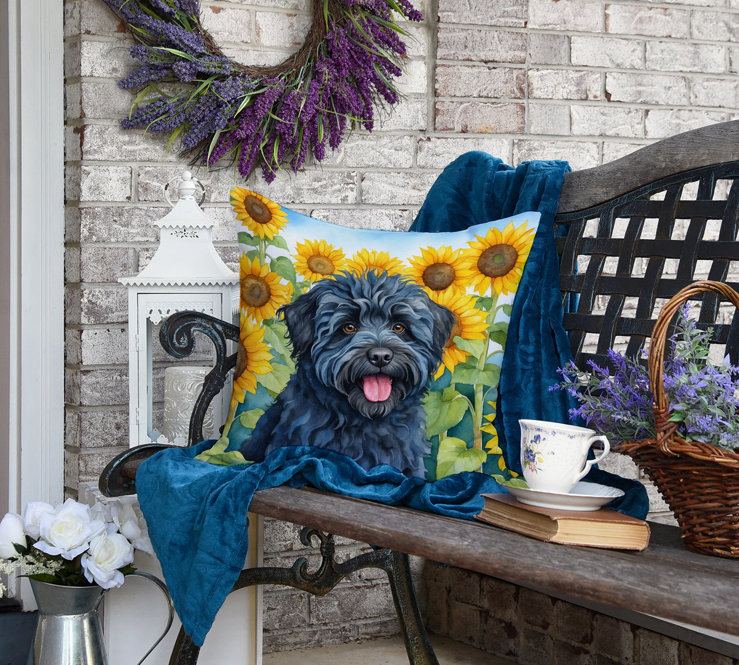 Puli in Sunflowers Throw Pillow