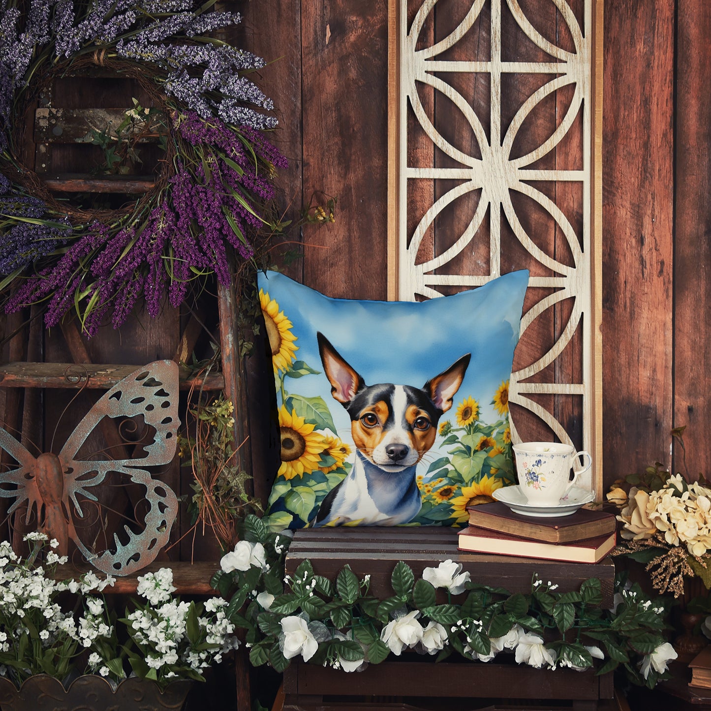 Rat Terrier in Sunflowers Throw Pillow