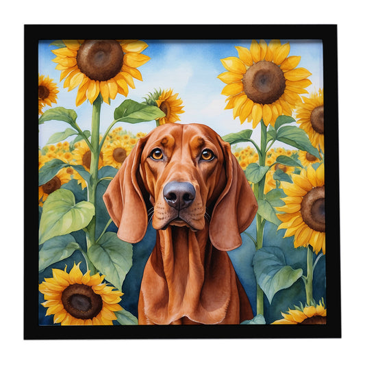 Buy this Redbone Coonhound in Sunflowers Framed Metal Print
