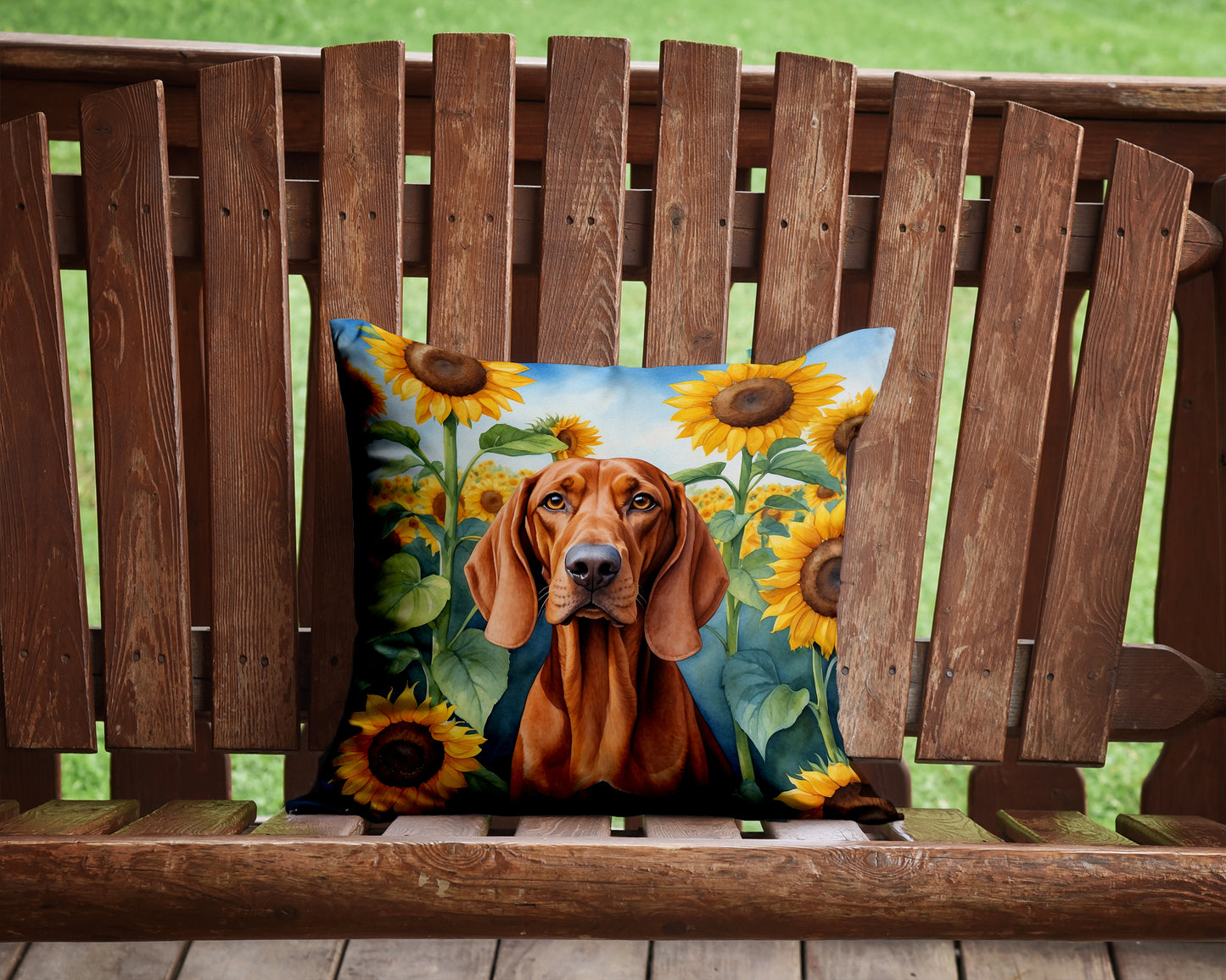 Redbone Coonhound in Sunflowers Throw Pillow