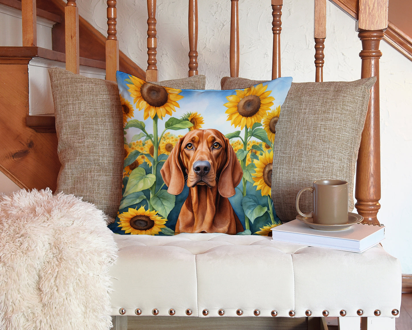 Redbone Coonhound in Sunflowers Throw Pillow