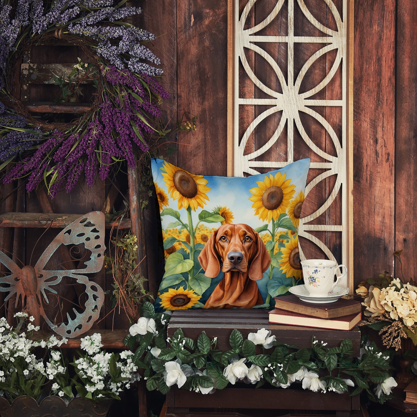 Redbone Coonhound in Sunflowers Throw Pillow